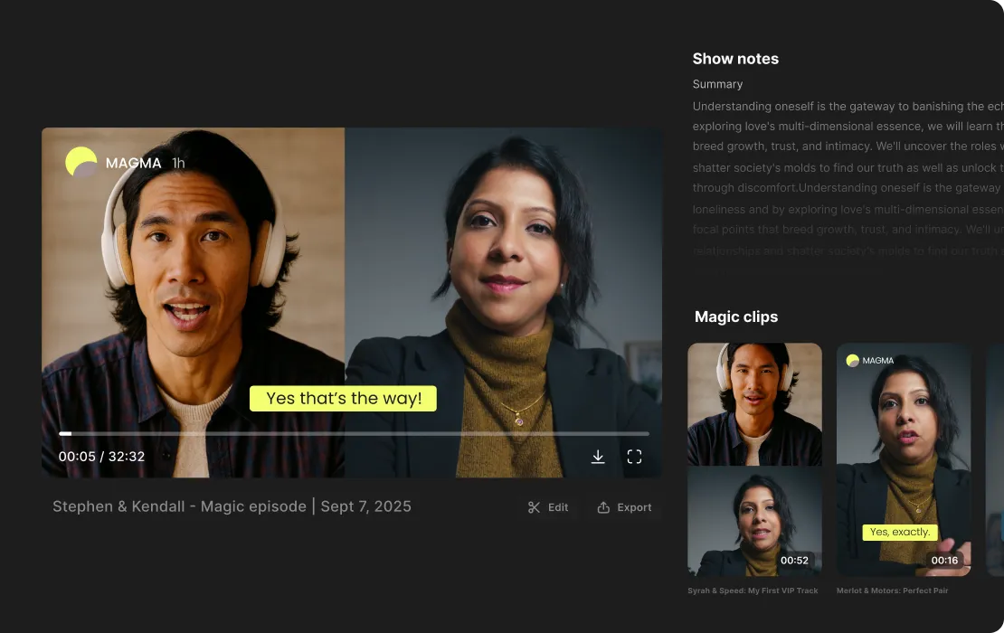 Video call interface showing two people and side panel with notes and magic clip thumbnails.
